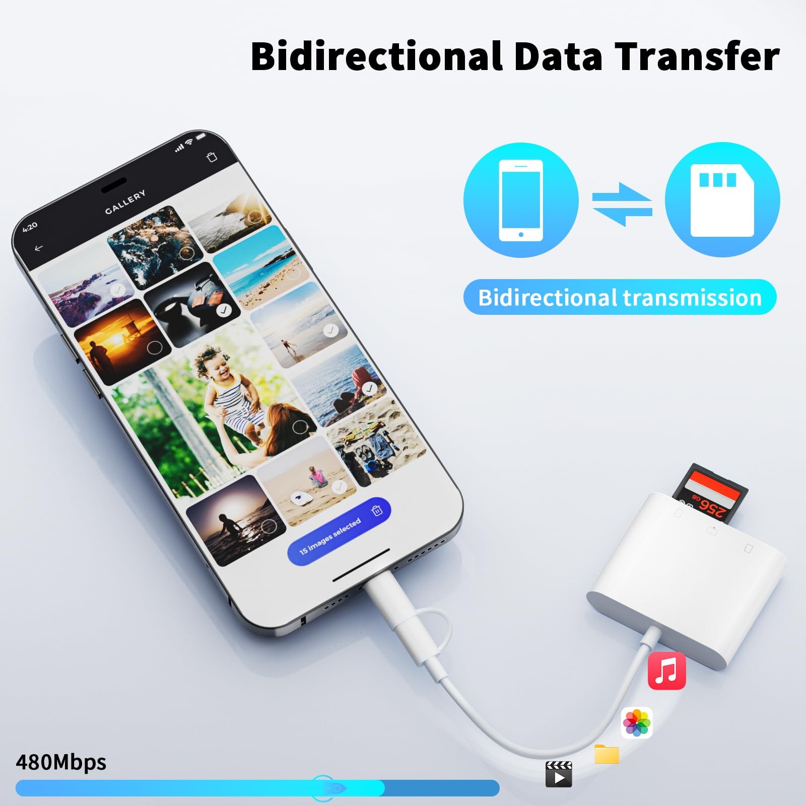 Lightning and USB SD Card Reader for iPhone iPad Mac Android Laptop, 3 in 2 M...