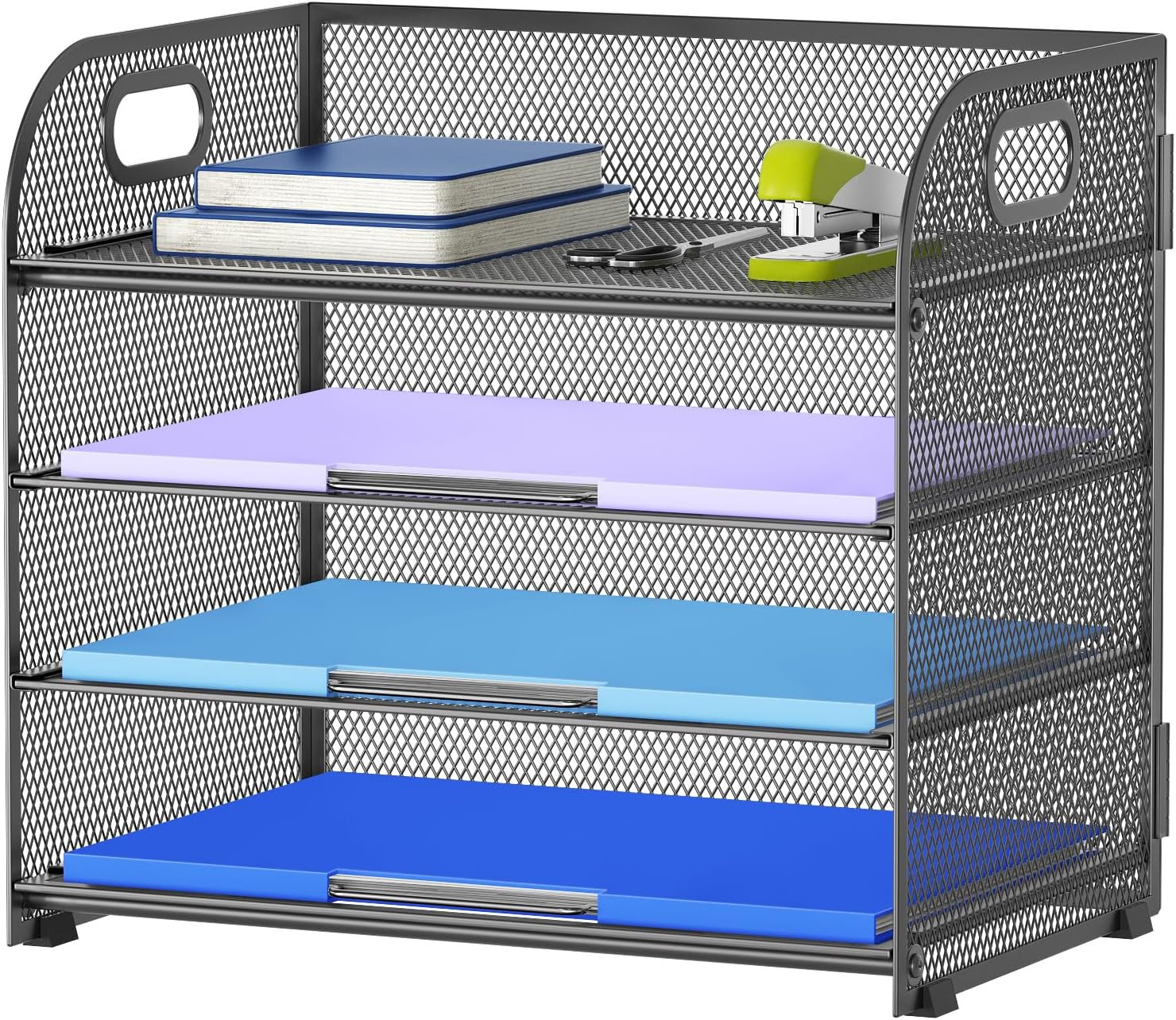 4 Tier Paper Organizer Letter Tray - Mesh Desk File Organizer with Handle, Paper