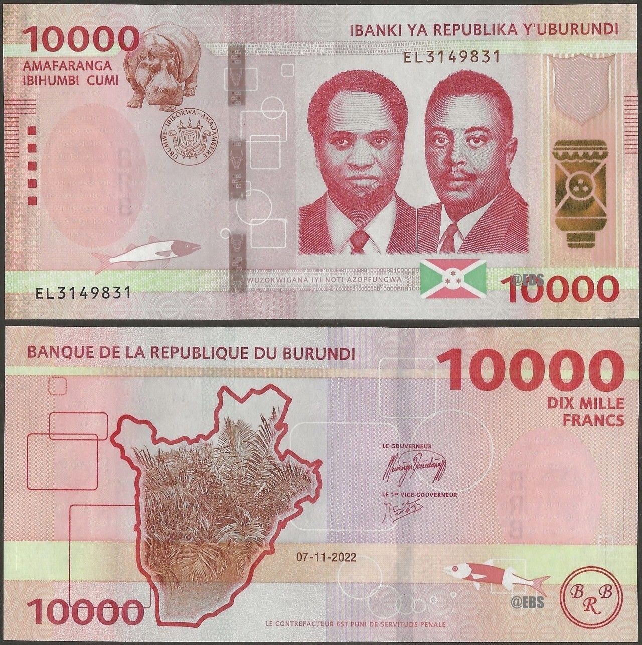 Burundi PNew B245 10000 Francs 2023 rose colour @ EBS