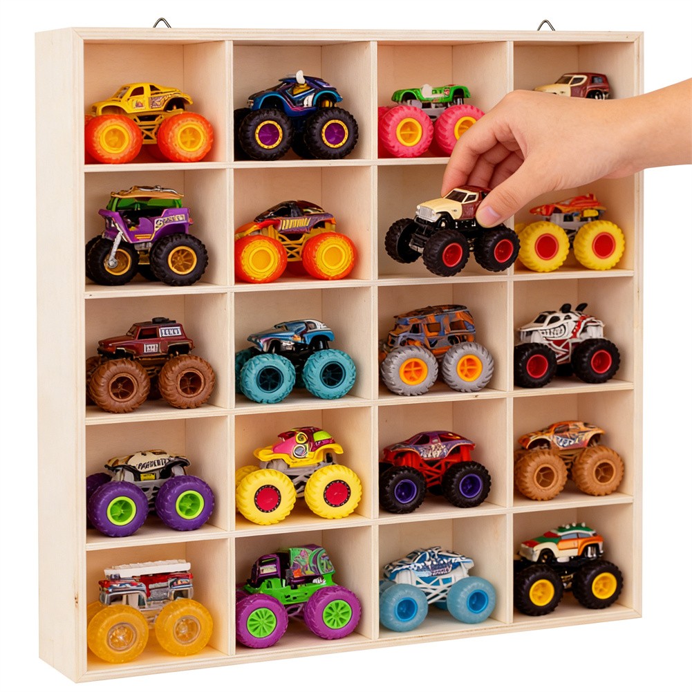 Wood Display Case 20-Slot Organizer for Monster Trucks Storage Wall-Mountable