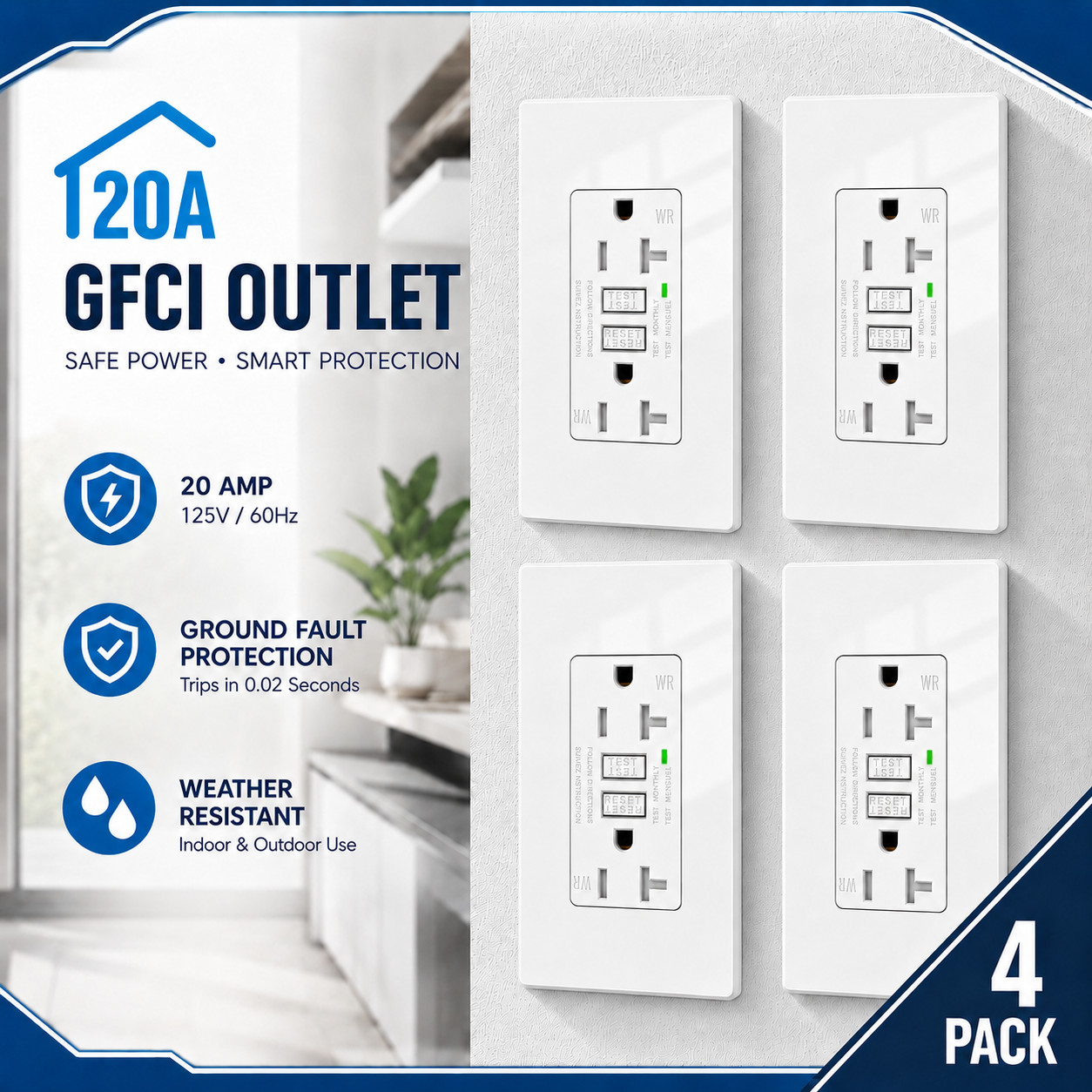 4PK GFCI GFI Outlet 20 Amp TR Weather Resistant with LED Indicator ETL Listed