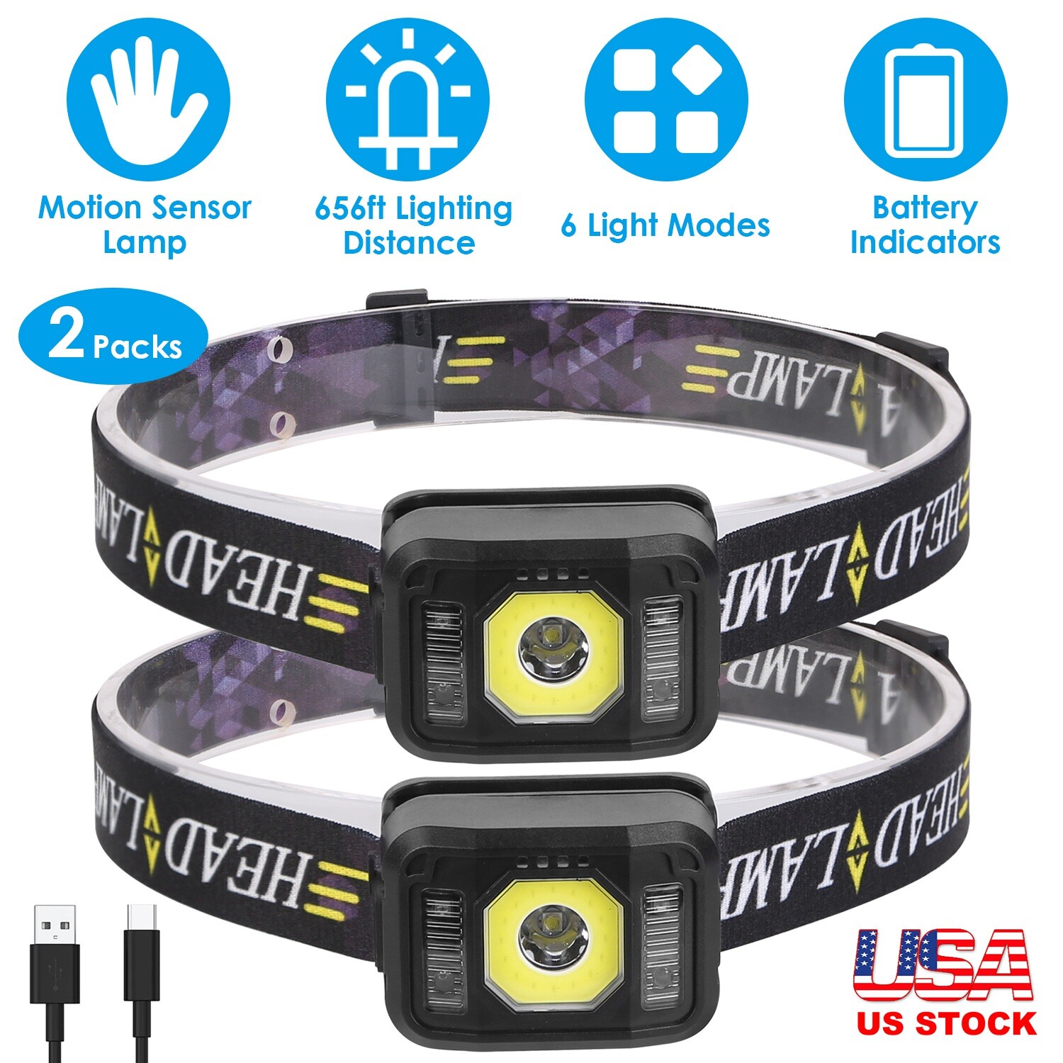 2x Rechargeable COB LED Head Lamp Flashlight Motion Sensor Headlamp 6 Light Mode
