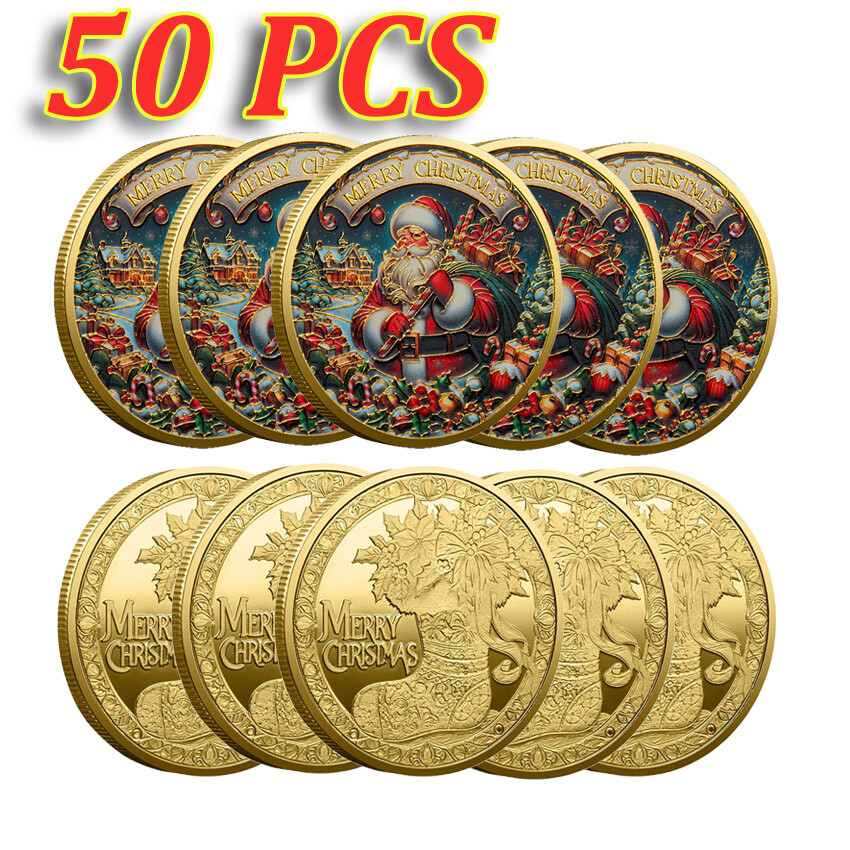 50PCS Commemorative Coin Gold Plated Merry Christmas Christmas Coin Santa Claus