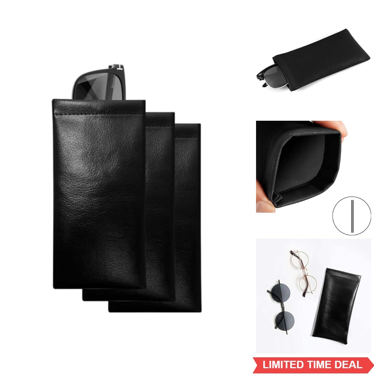 3 Pack Leather Soft Sunglasses Case Squeeze Top Eyeglass Pouch Portable Glasses