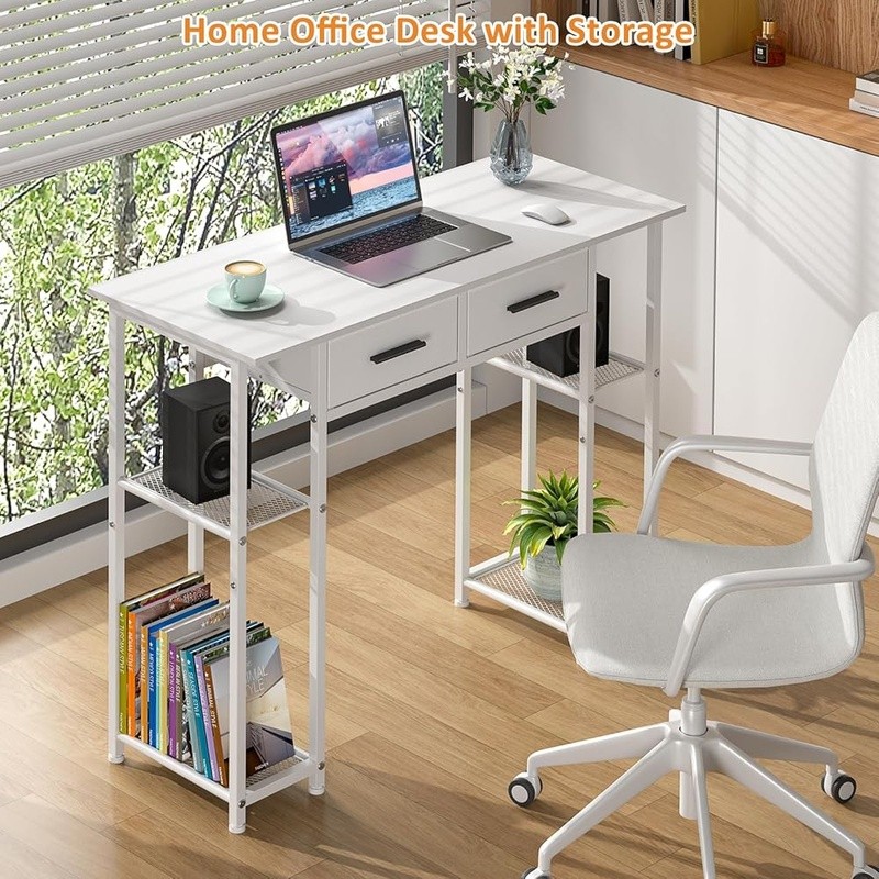 Modern Computer Desk W/ Storage Shelves Fabric Drawers Wood Metal Frame New