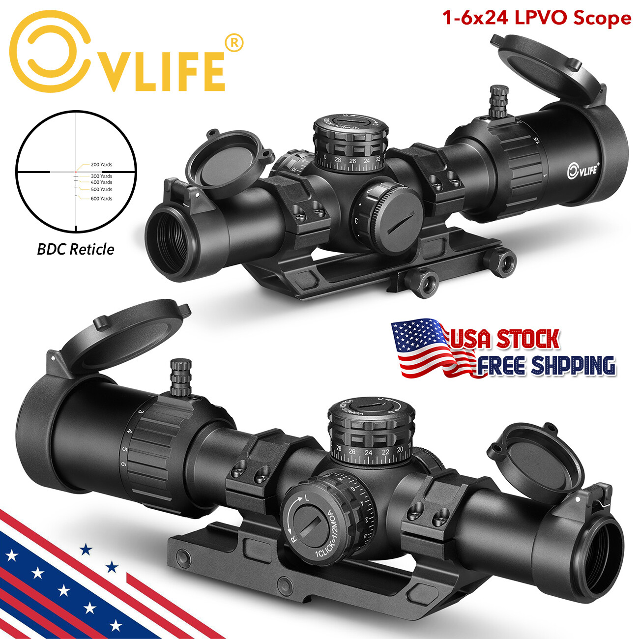 CVLIFE 1-6x24 LPVO Rifle Scope 1/2MOA Hunting Sight BDC Reticle +One-Piece Mount