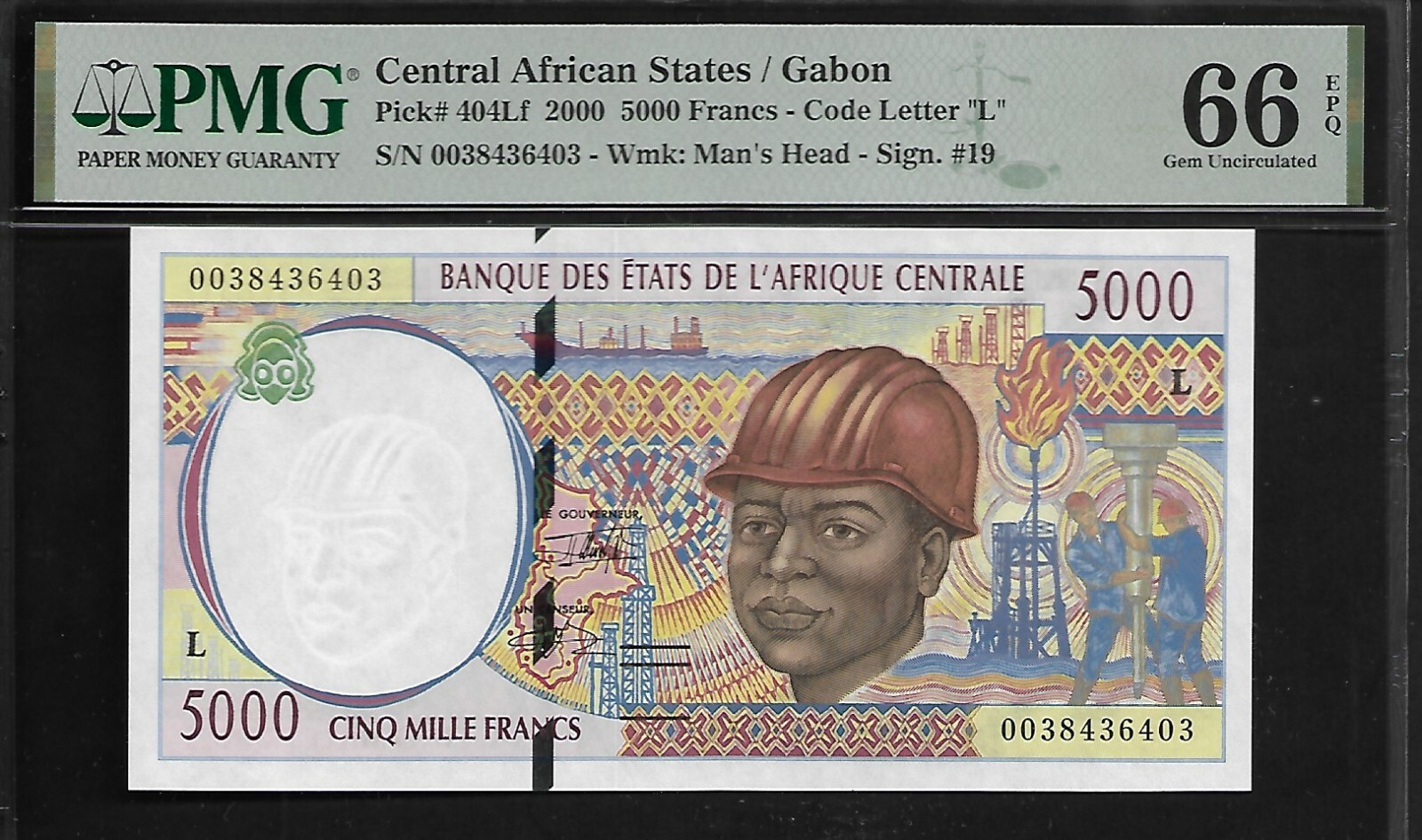 Gabon Central African States  5000 Francs 2000 PMG 66 EPQ UNC P#404Lf