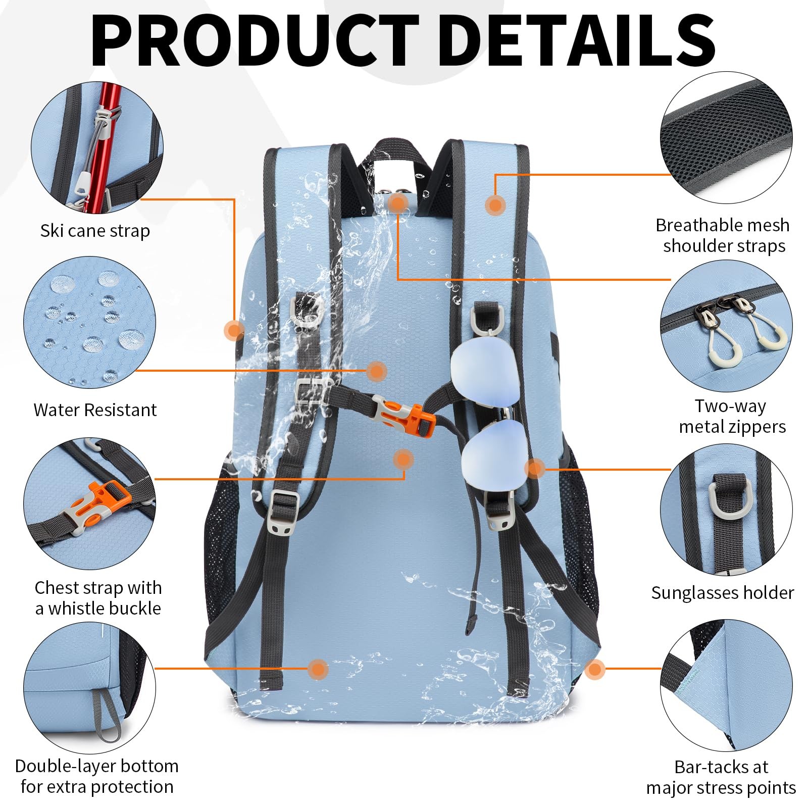 35L Sky-Blue Packable Backpack, Lightweight, Foldable Daypack, Travel, Hike