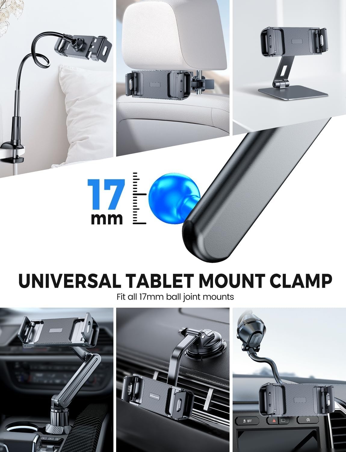 Universal Tablet Clamp for 6"-12.9" Devices - Adjustable & Rotatable Design