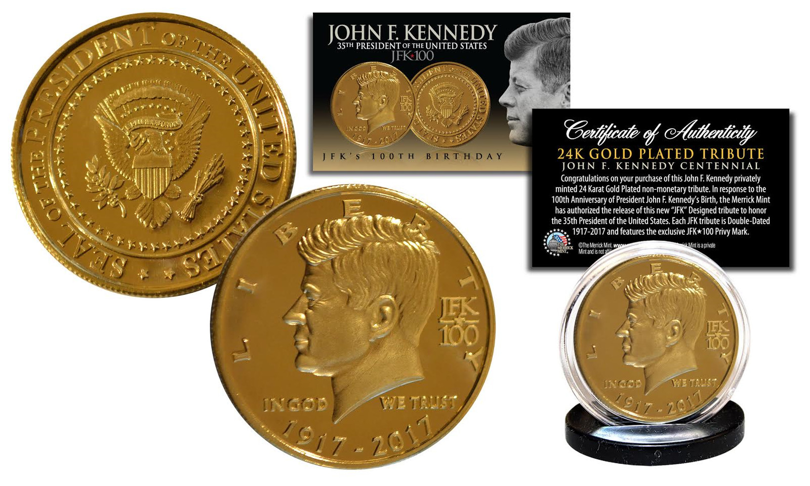 JFK100 JOHN F. KENNEDY 100th BIRTHDAY 1917-2017 Official 24K Gold Plated Coin