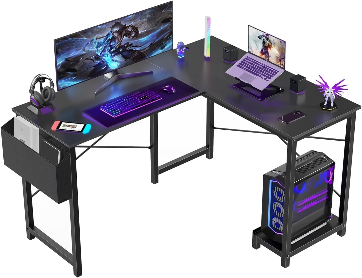 L Shaped Desk 50" Computer Desk Corner Gaming PC Table w/ CPU Stand Black