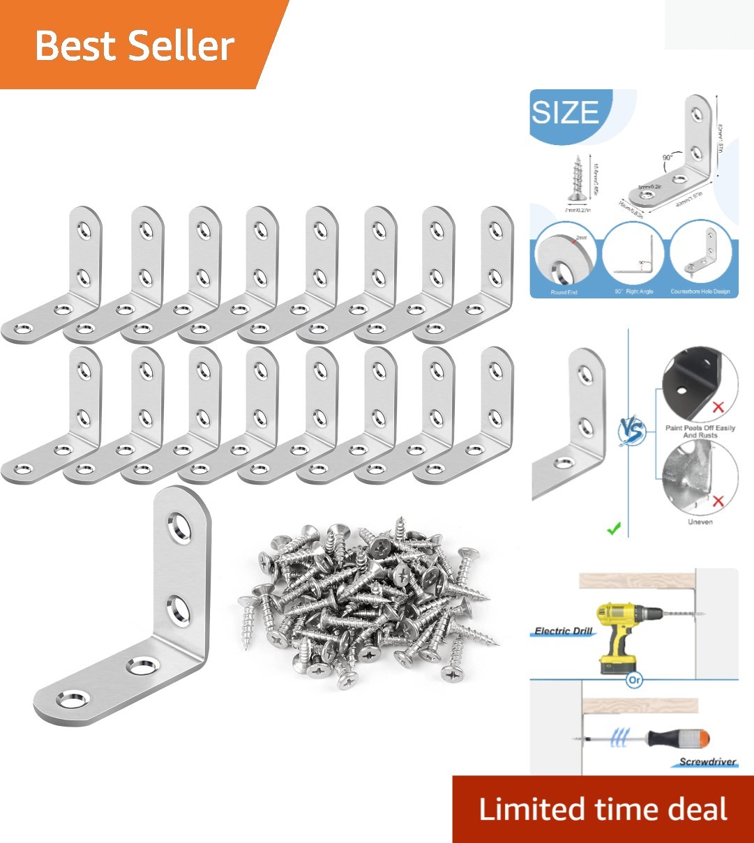 L Bracket Set: 16 Stainless Steel Corner Braces with 64 Screws Included