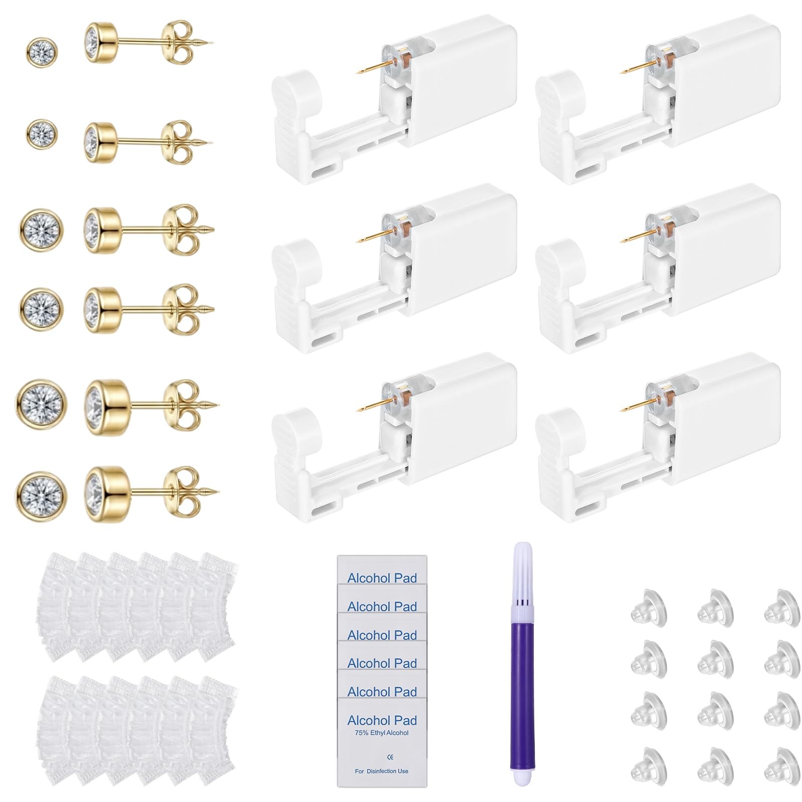 43 Pcs Ear Piercing Kit Disposable,Ear Piercing Kit with Self Earrings and Ea...