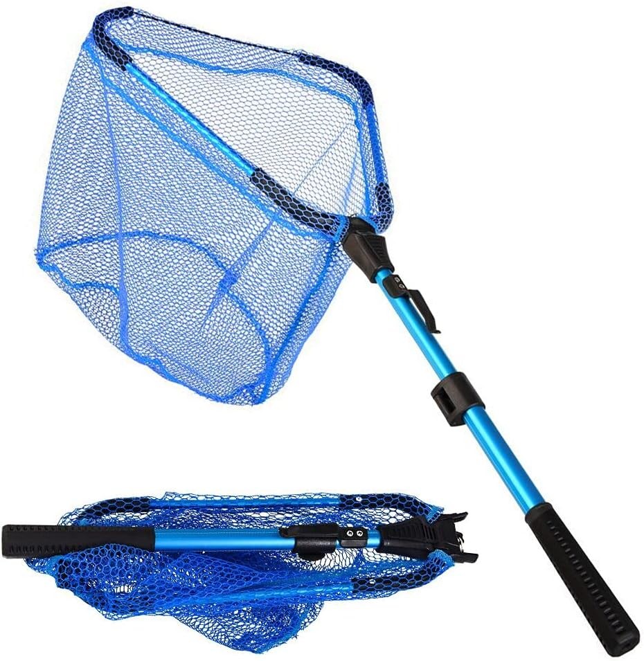 LBW Collapsible Rubber Fishing Net with Handle, Folding Telescopic Pole Blue