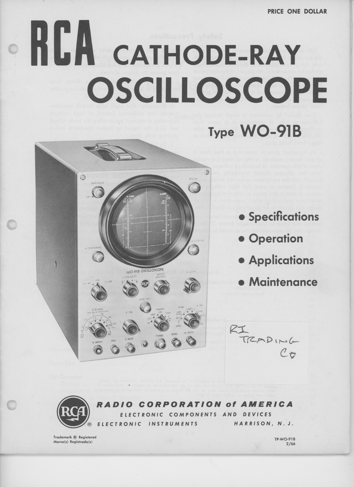 Vintage RCA Oscilloscope WO-91B - User Manual - Excellent condition