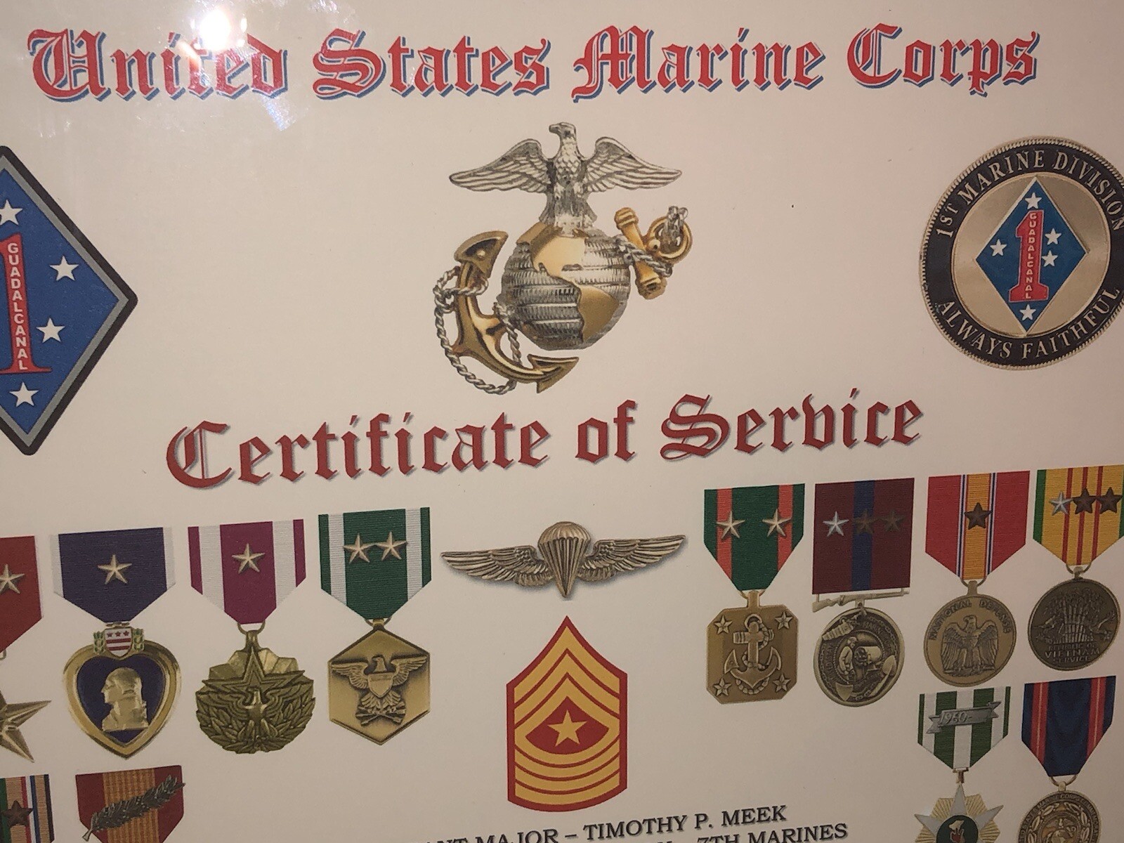 U.S. MARINE CORPS CERTIFICATE OF SERVICE / SHADOW BOX PRINT / W-MEDALS