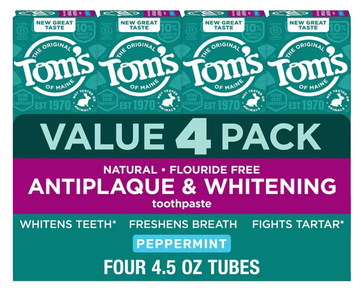 Toms of Maine Fluoride Free Whitening Toothpaste Peppermint 4 pack New Flavor