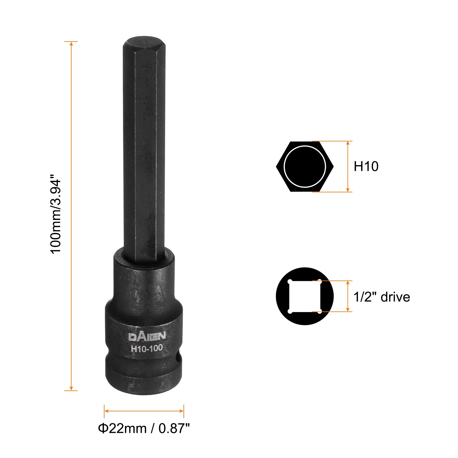 2pcs H10 Hex Bit Socket 100mm Length 1/2" Square Metric Impact Bit Black,