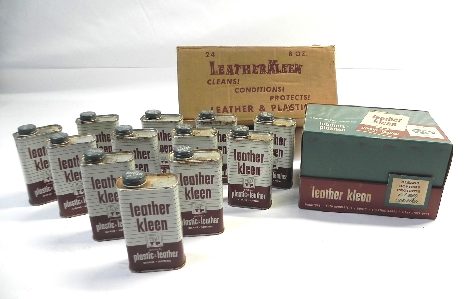 VINTAGE LEATHER KLEEN LOT OF 24 FULL 8 FL OZ CANS W/DISPLAY & SHIPPING BOXES NOS