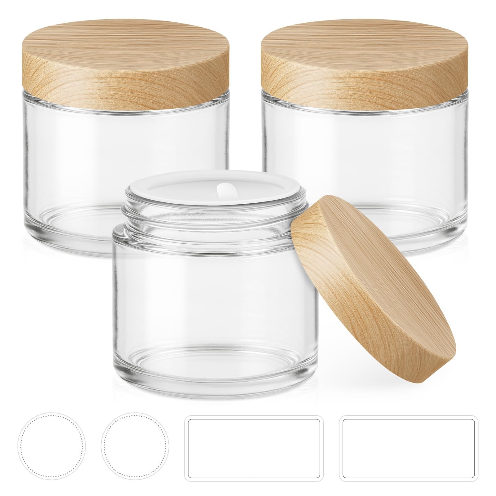 2 oz Small Glass Containers with Lids, Glass Jars with Woodgrain Lids & Inner...