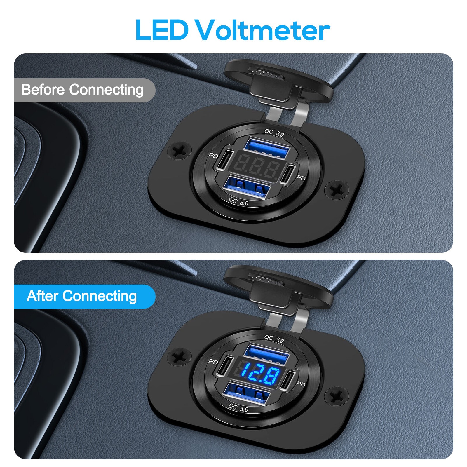 12-24V 4 Port Fast Car Charger QC3.0 & PD USB C Outlet Socket for Boat RV Marine