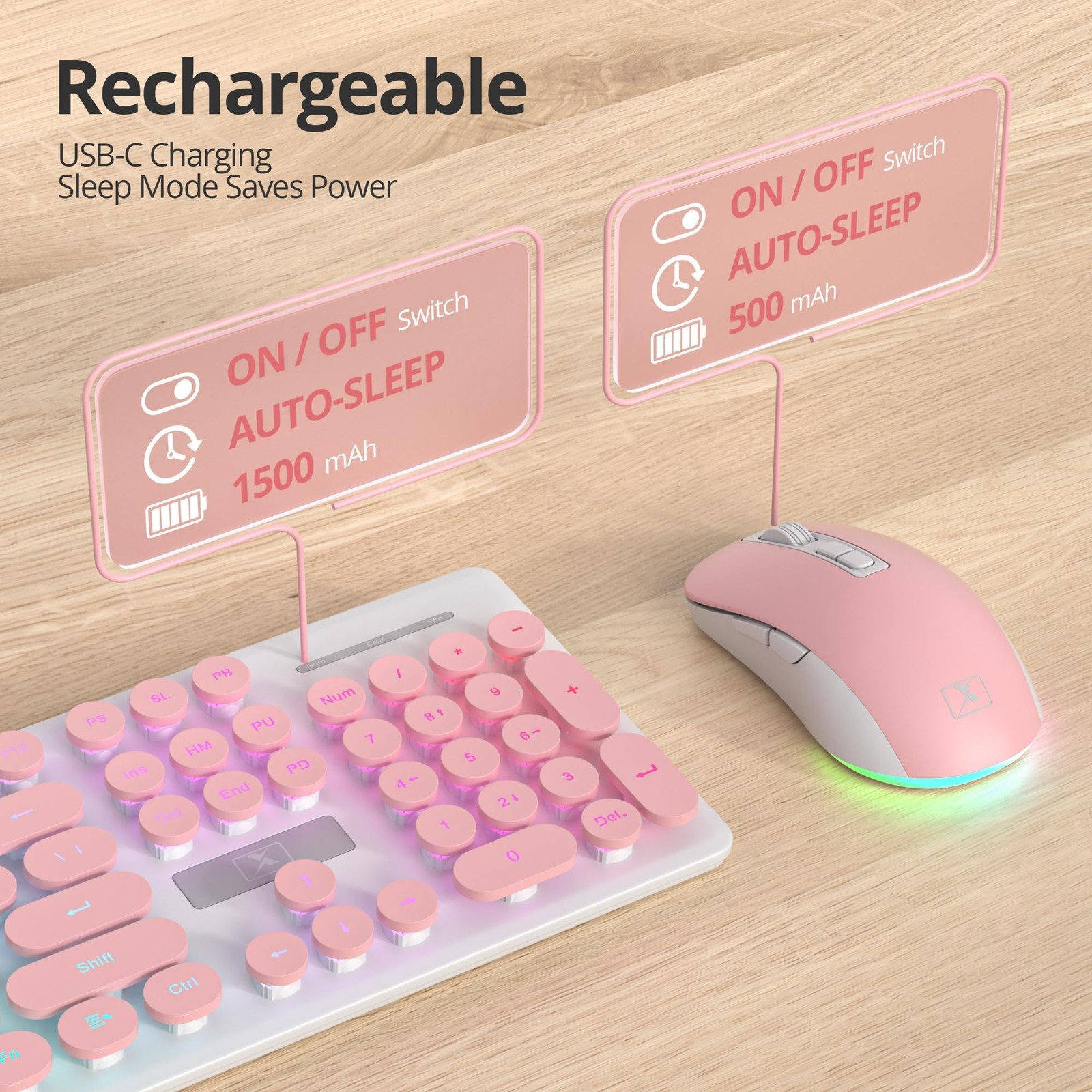 Backlit Pink Keyboard and Mouse Wireless, 2.4GHz Light Up Typewriter Recharge...