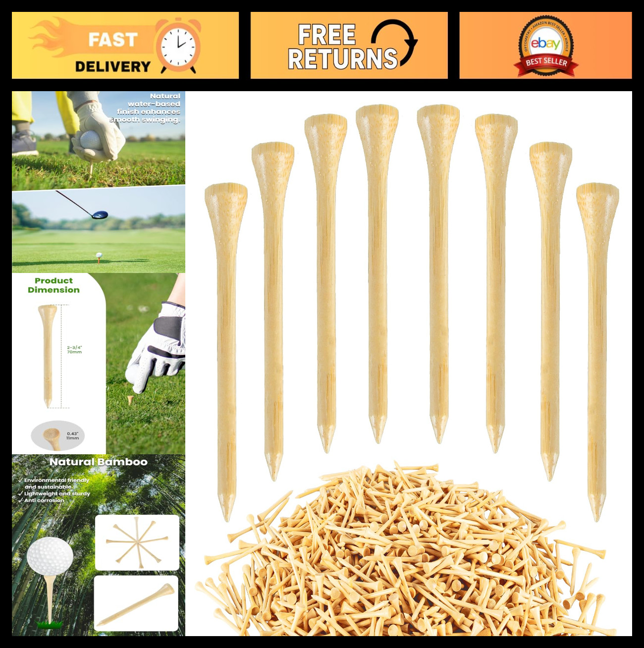 1000 PCS Bamboo Golf Tees - 2.75" & 3.25" Length, Durable & Eco-Friendly Tees