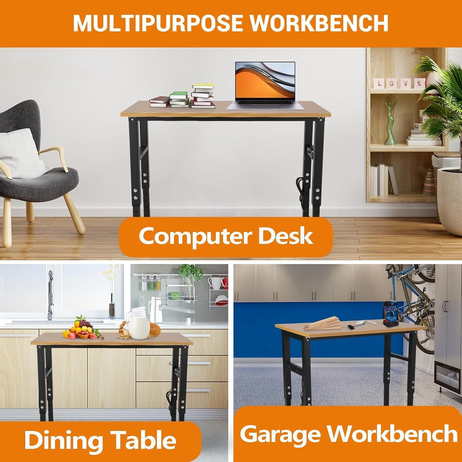 Adjustable Workbench w/Power Outlet 60x20" Work Benches 2500 LBS for Garage