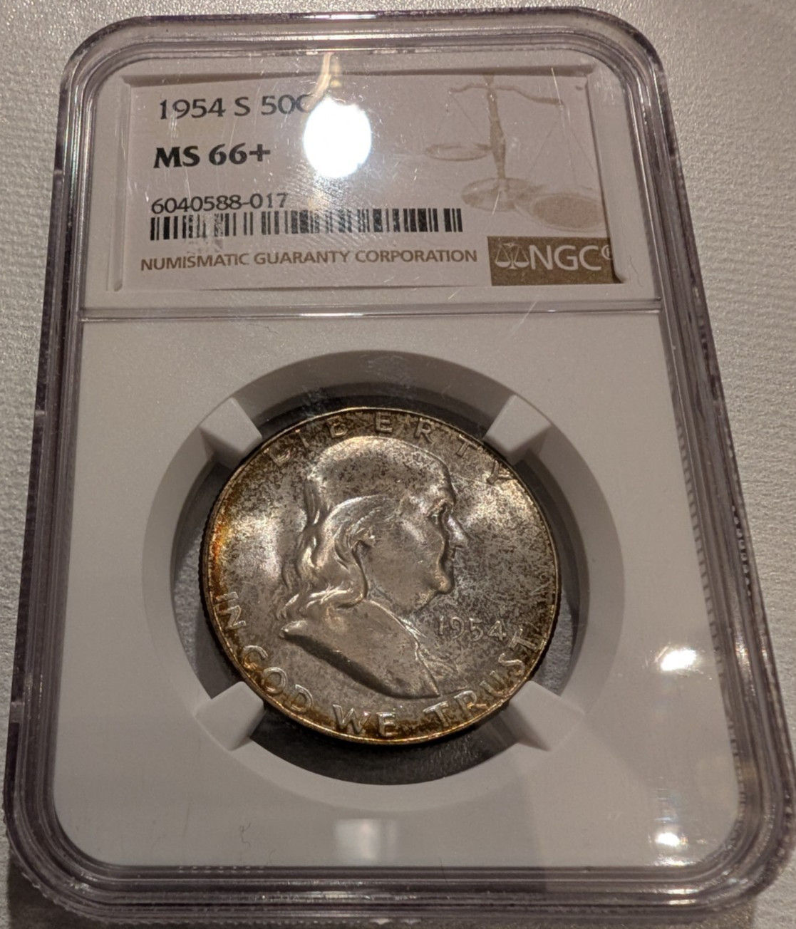 1954-S NGC MS66+ FRANKLIN HALF *** BRIGHT RAINBOW TONE - GREAT EYE APPEAL ***