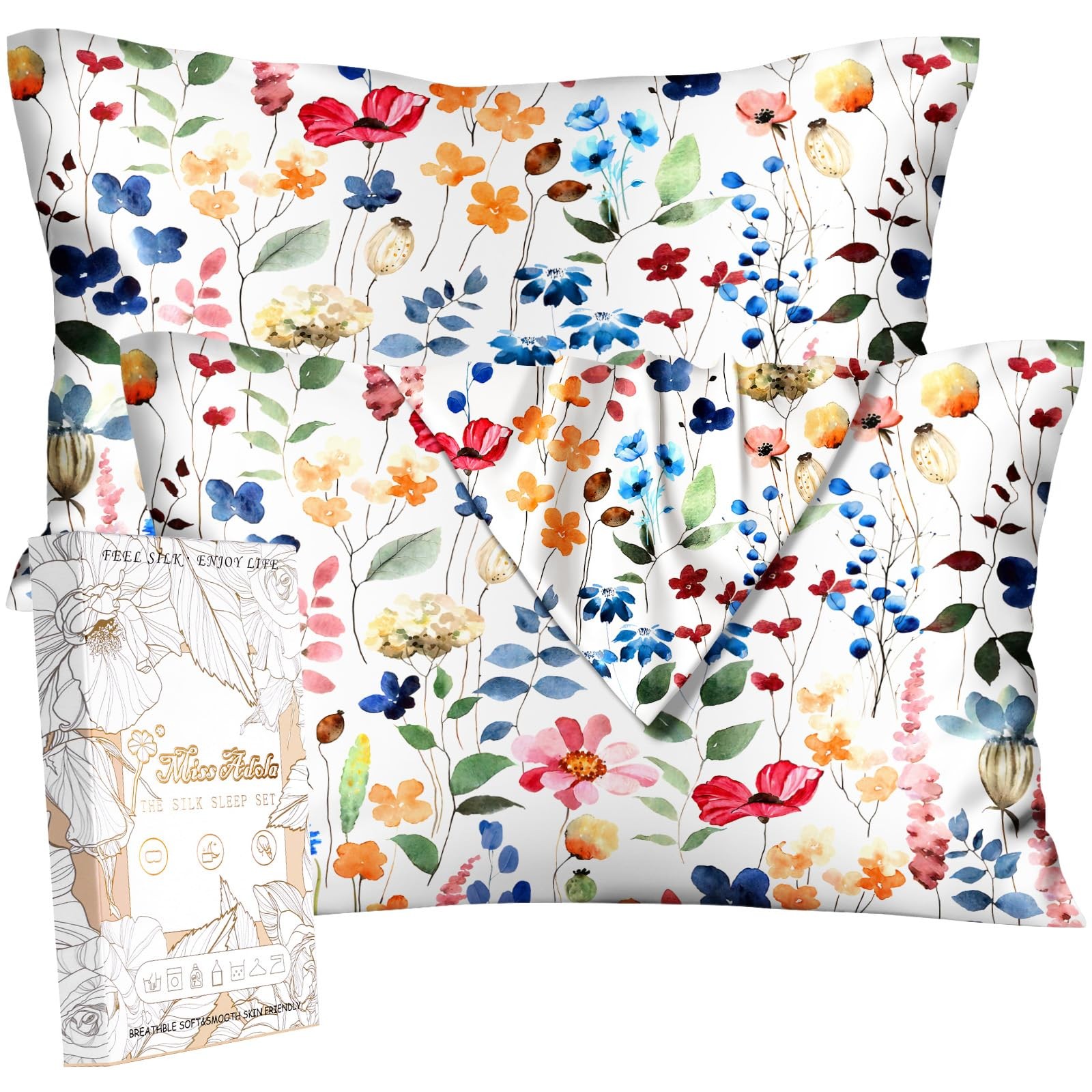 Miss Adola 2 Pack Mulberry Silk Standard(20''×26''), Watercolor Flower