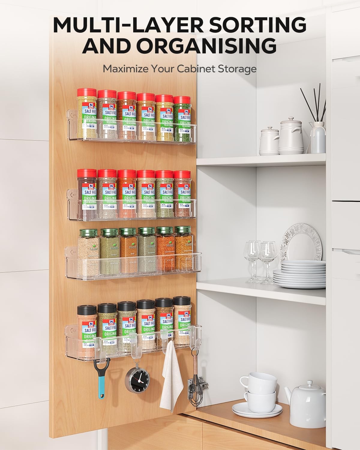 Wall Mount Spice Rack Organizer, 4 Pack, Clear, Adhesive or Screw Mount