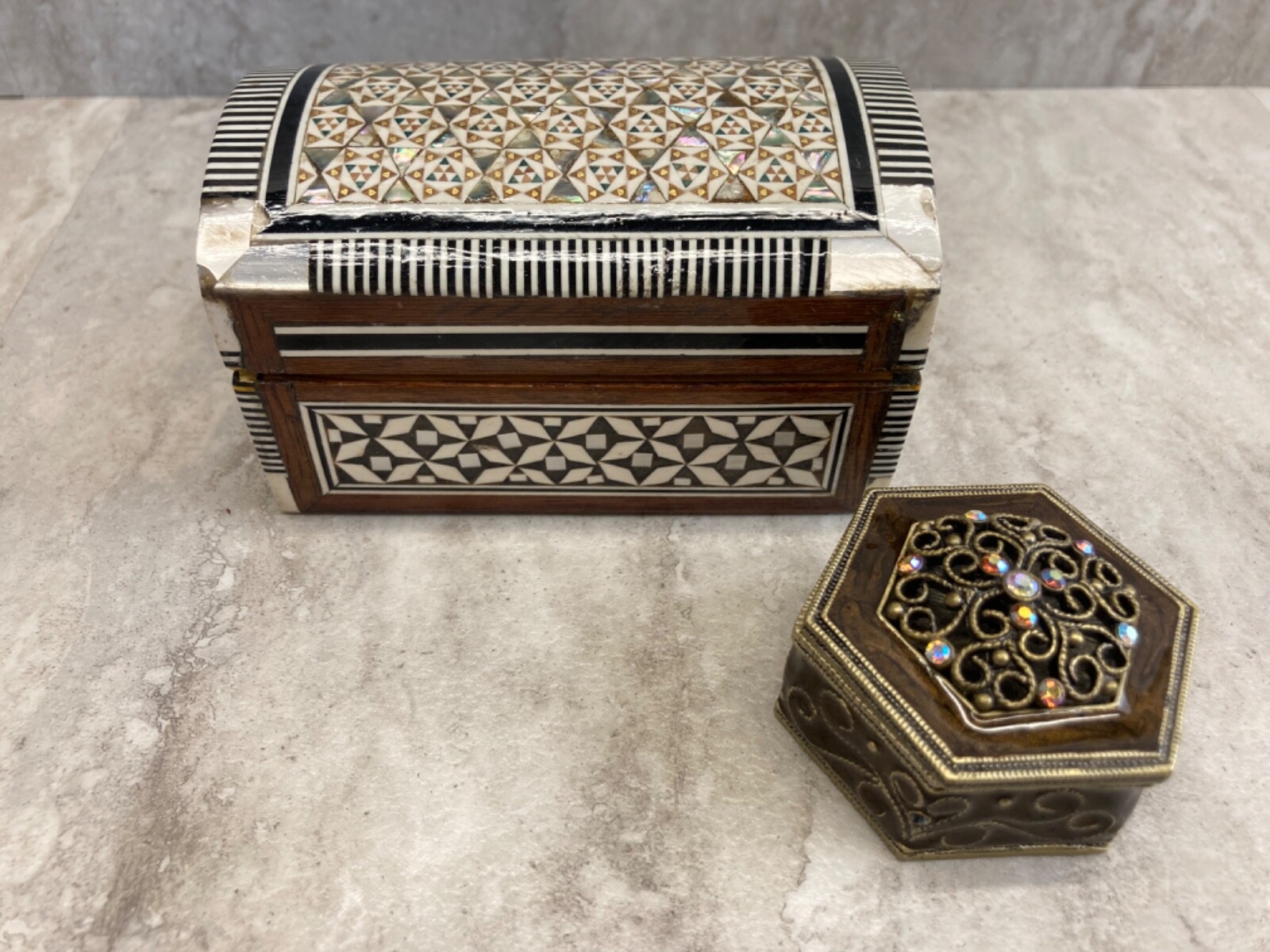 Trinket Boxes (2) 1 wood/felt Lining 4"x 2.5" / 1  Metal  Jeweled 2.5" x 2.5"