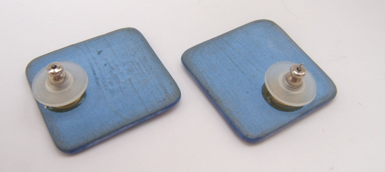VTG BLUE GLAZED CERAMIC PIERCED EARRINGS MODERN DESIGN