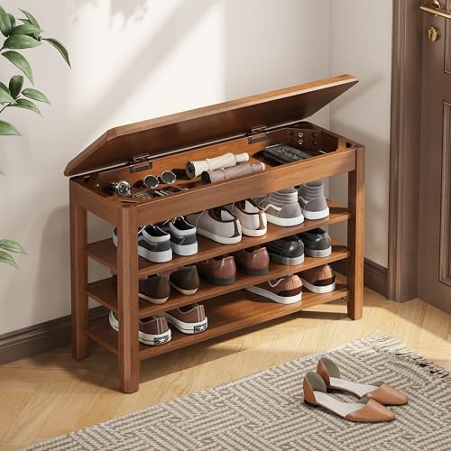 Shoe Rack Bench Seat Rubberwood 3 31.5"W x 11.8"D x 20.5"H Walnut-3 Tier(wood)