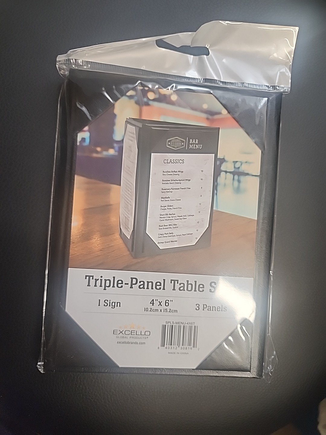 Excello 4" X 6" Triple Sided Panel Black Table Tent Menu Sign