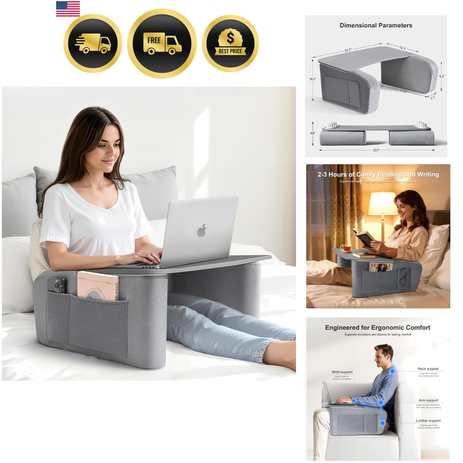 Wooden Lap Desk Pillow for Laptop with Arm Rests for Bed & Couch | Ergonomic ...