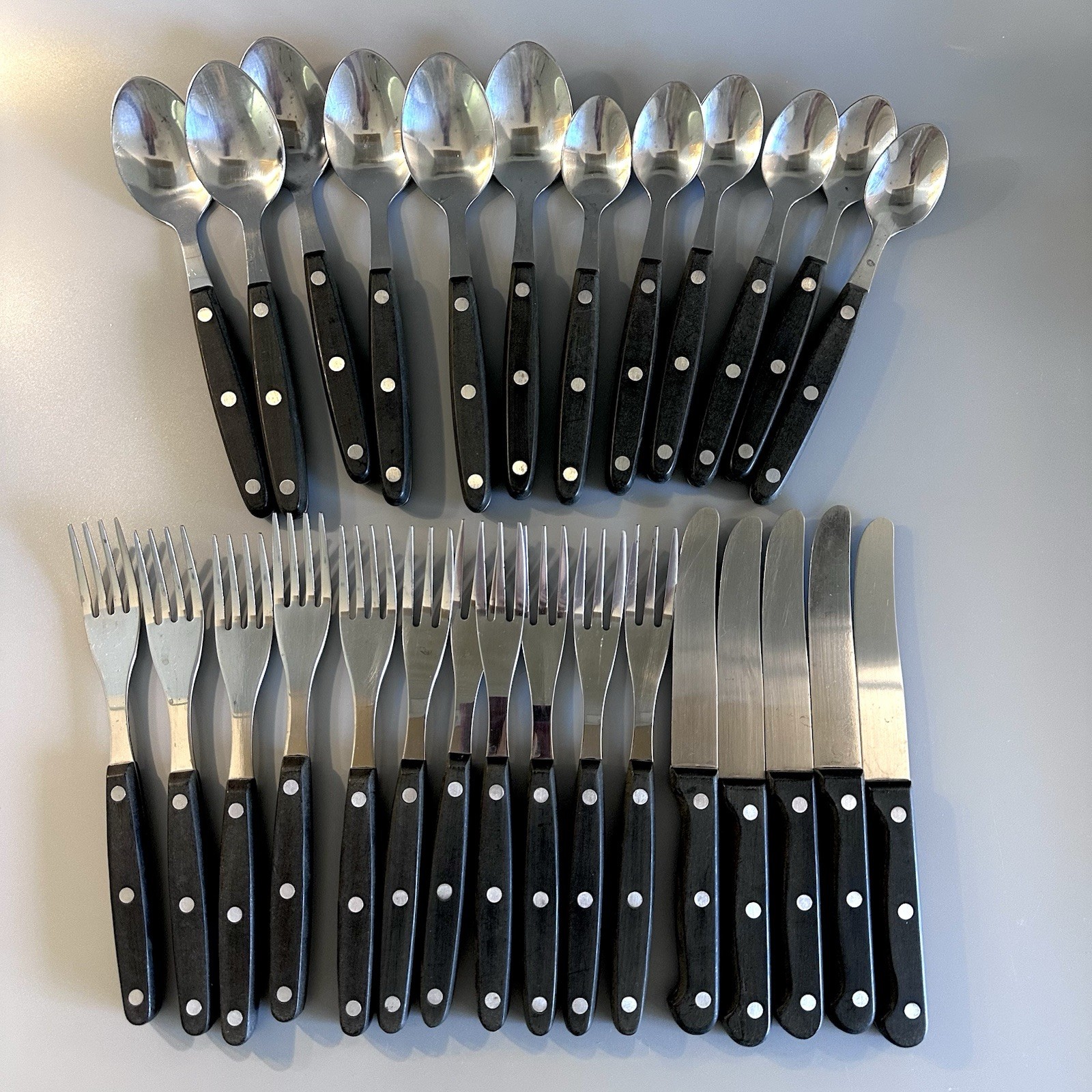 28 Stainless Flatware Black Composite Set Dinner forks Salad Spoons riveted