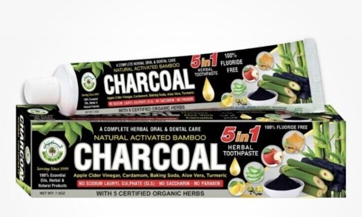 Organic Bamboo CHARCOAL Herbal Toothpaste By Al-Riyan 5 in 1, 100% Fluoride Free