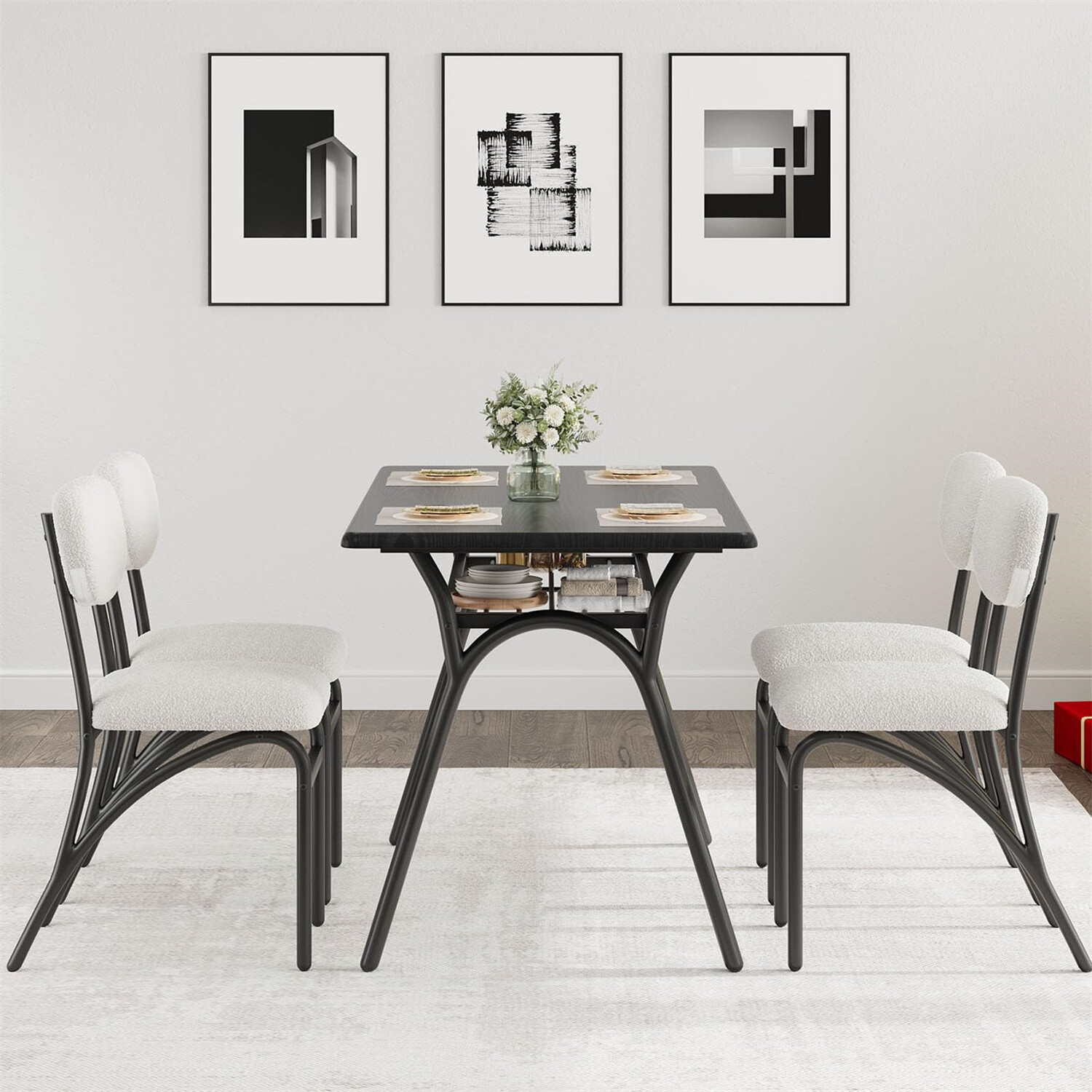 ✅Dining Table Set for 4 Kitchen Table with Boucle Chairs for 4 Modern Rectangula
