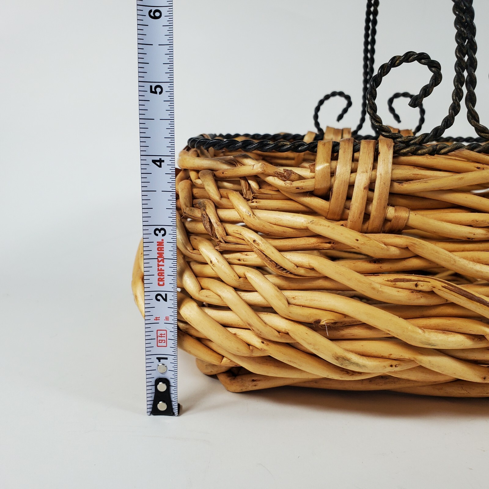 Bamboo Straw Basket With Metal Twisted Handle 8"H X 9.5"L