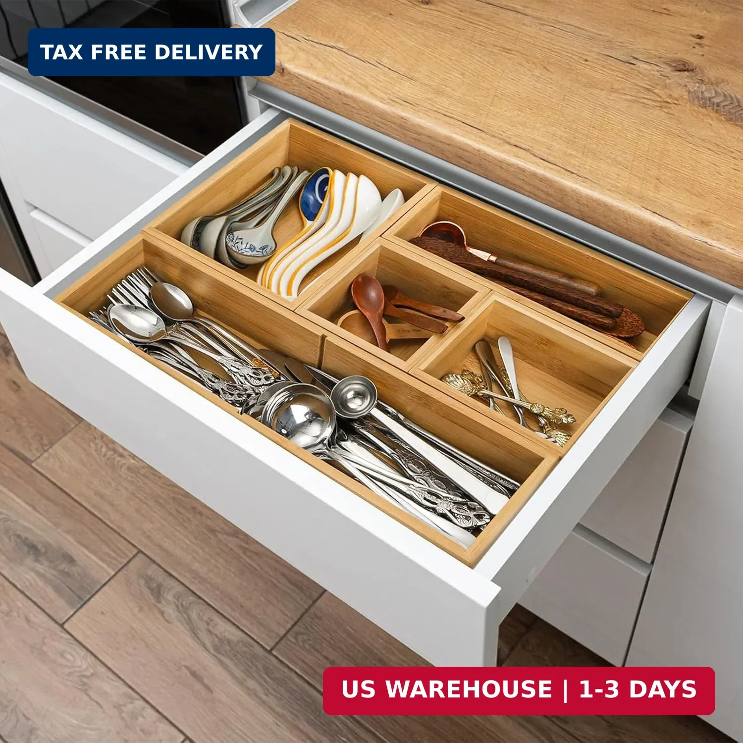 ZAVOOS 5 Pieces Bamboo Drawer Organizer, Multi-Use Individual Junk Tea Storage D