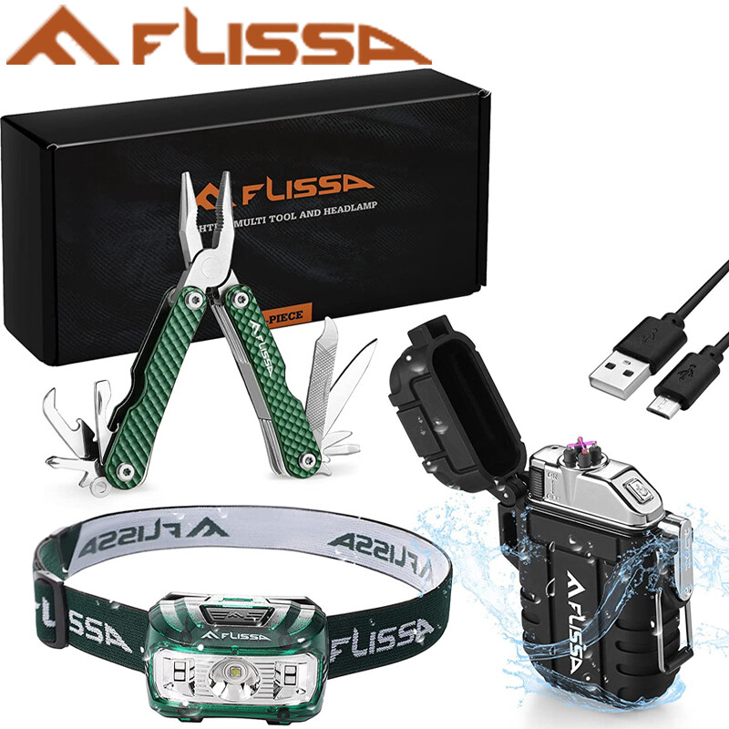 Flissa 3PCS Waterproof LED Headlamp & Windproof Lighters 12 in 1 Multitool Plier