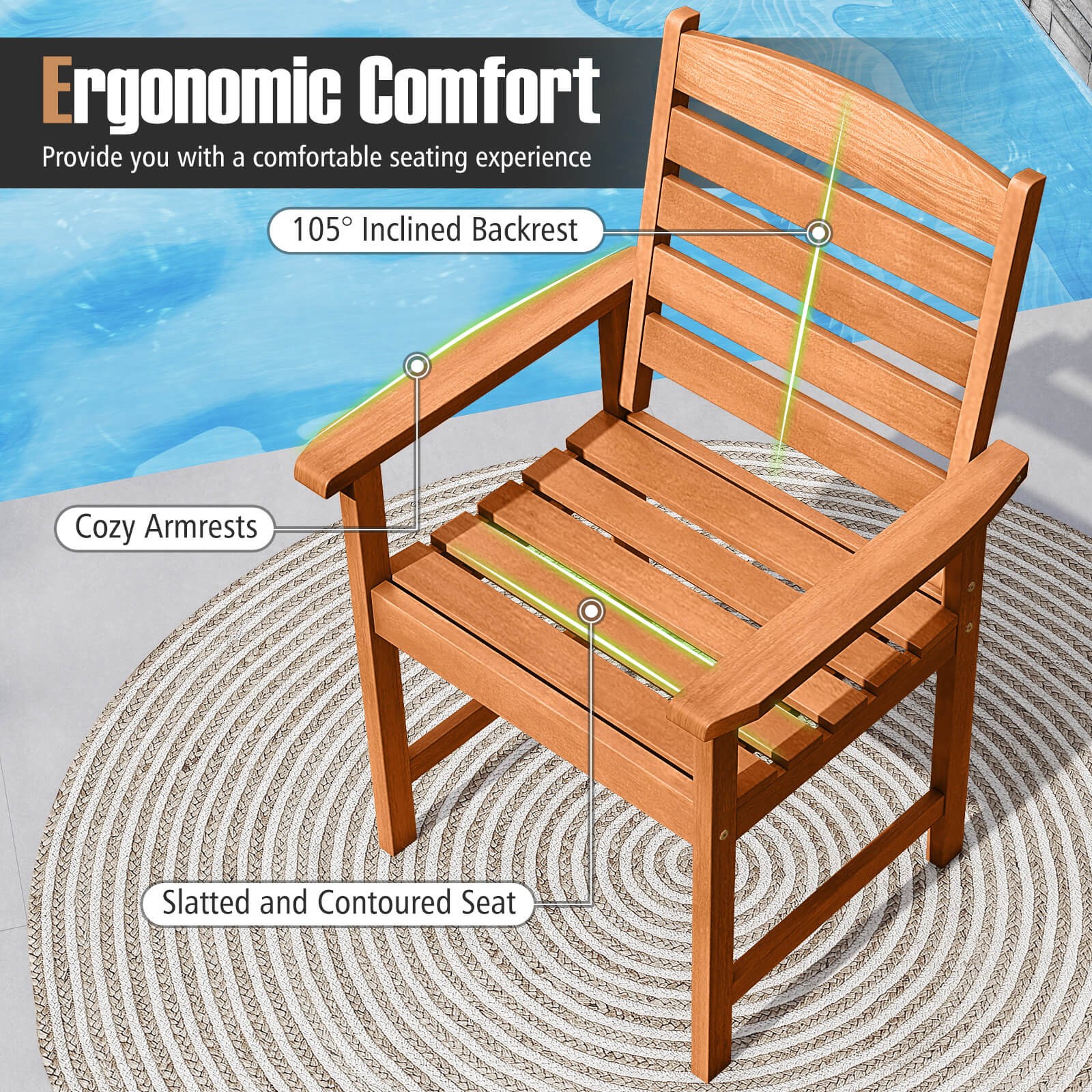 Patio Chairs 2PCS with Inclined Backrests and Slatted Seats for Deck