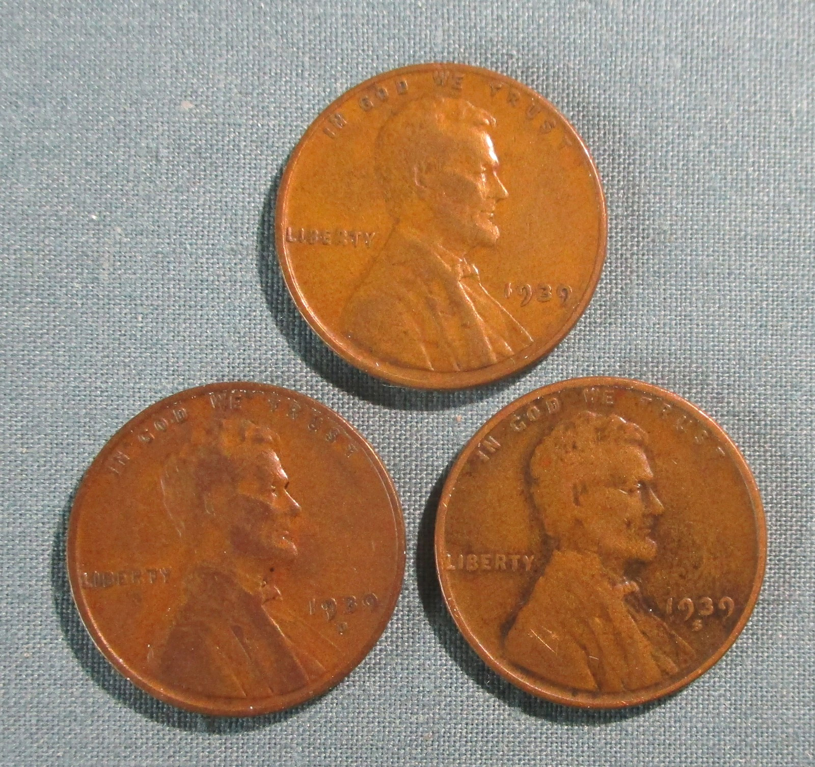 1939 P, 1939-D and 1939-S Lincoln Penny - (3) U.S. 1 Cent coins PDS