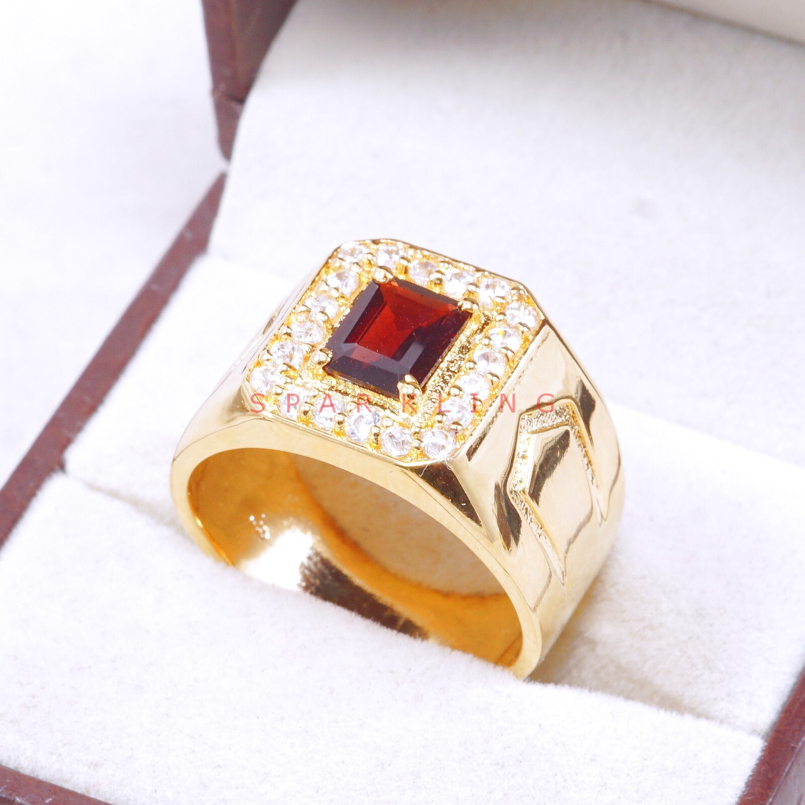 Garnet Emerald Cut With 925 Sterling Silver Gold Plated Ring For Men's #E523