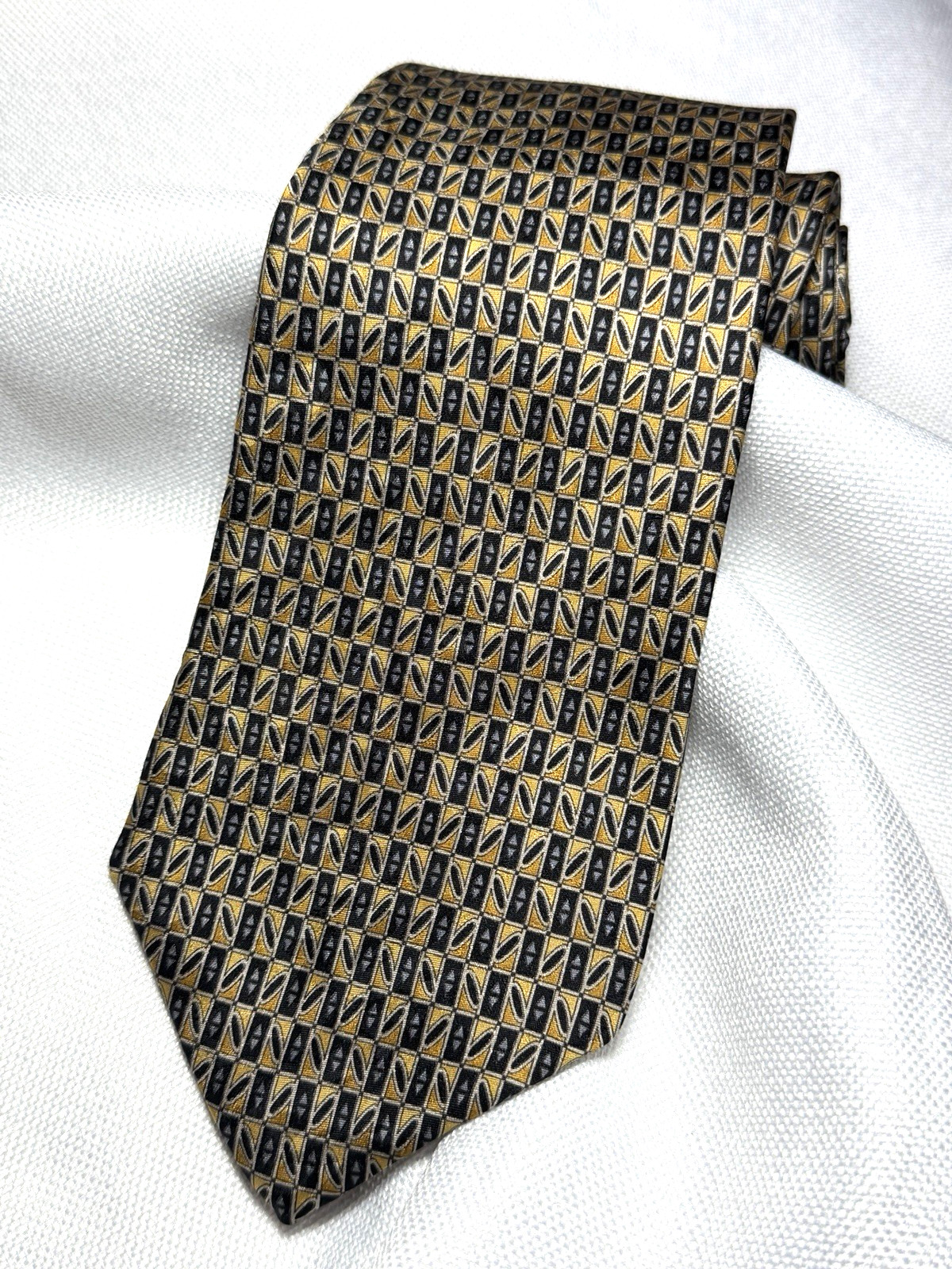 Perry Ellis EUC Men's Silk Tie - Golds, Tans, Black, White, Foulard, Nice!