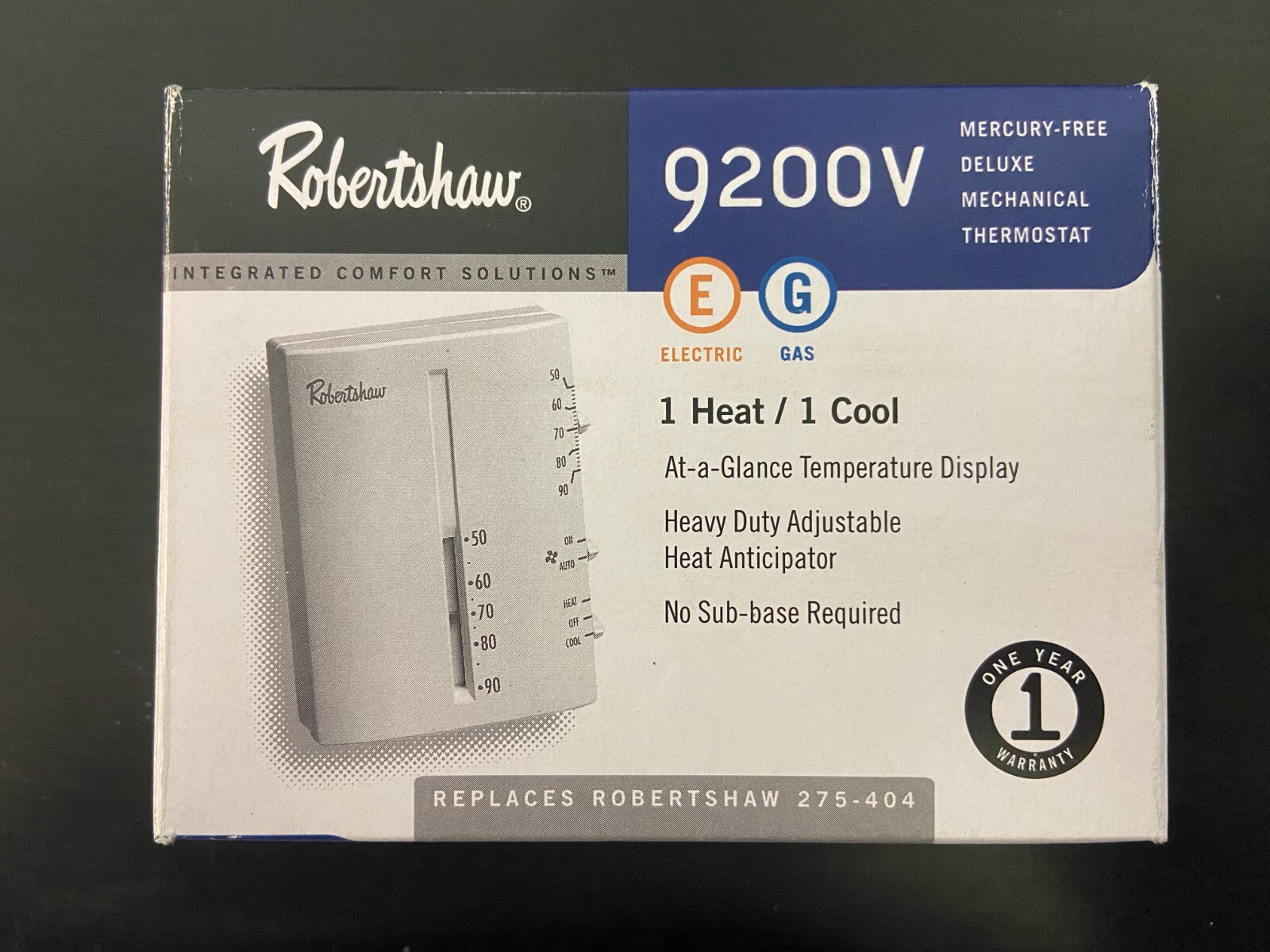 Robertshaw 9200V Mercury-Free Deluxe Mechanical Thermostat, 1 Heat/1 Cool, White