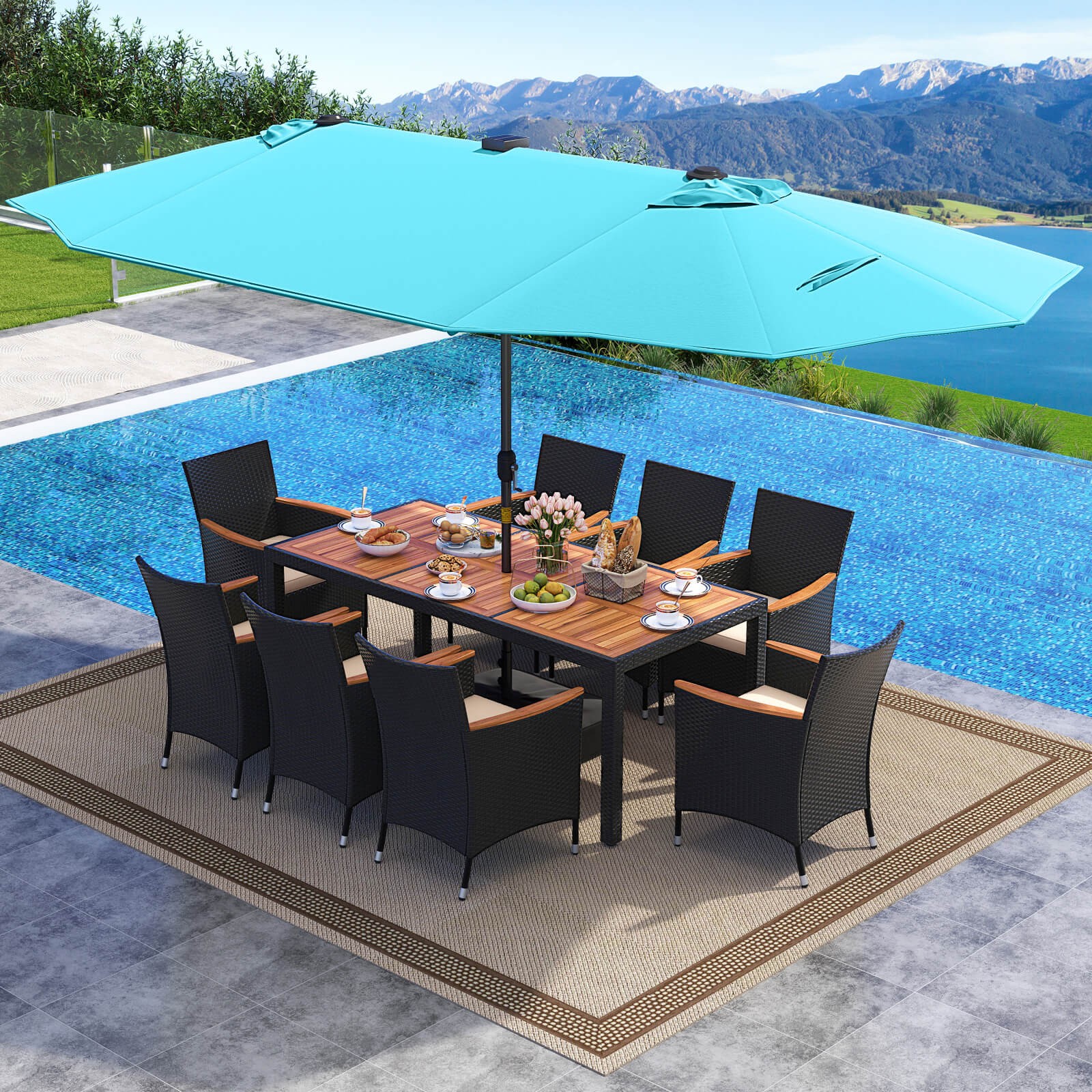 11 PCS Patio Dining Set with 15ft Double-Sided Patio Umbrella (Base Included)