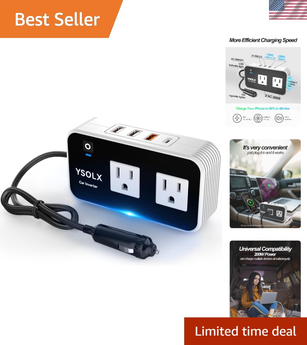 Portable 200W Car Power Inverter with Intelligent Protection & 4 Fast USB Ports