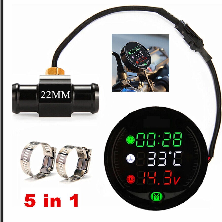 5 IN 1 Digital Motorcycle Water Temperature Voltage Meter w/22mm Sensor Adapter